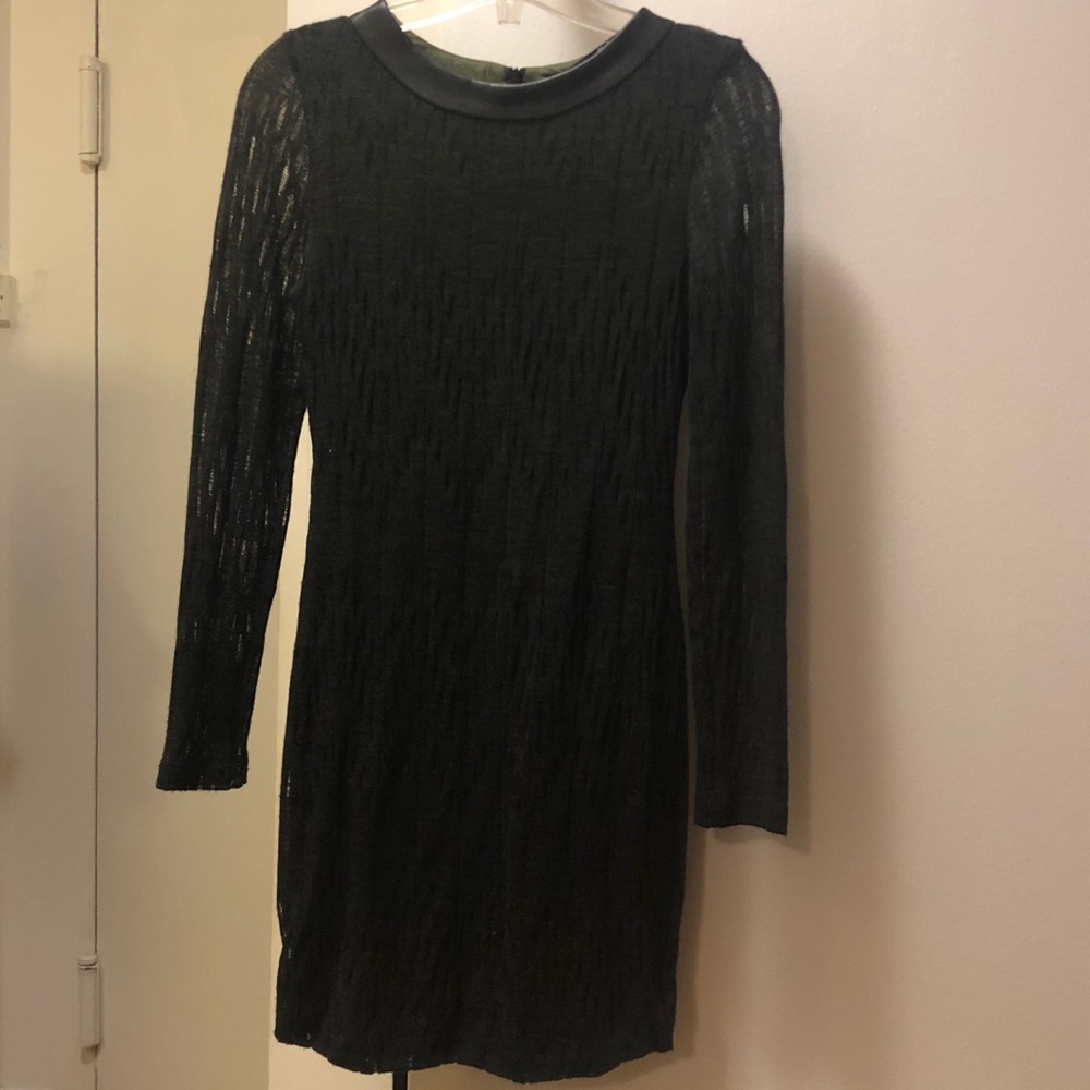 Knit navy long sleeve mini dress with leather